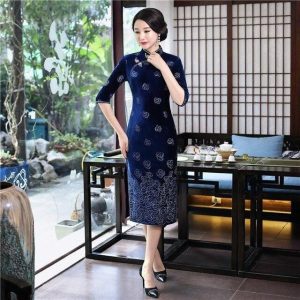 Robe Chinoise Velours Fleurs bleu