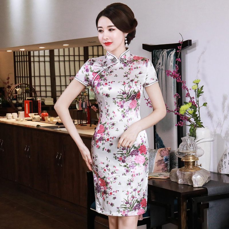 Robe à Fleurs Chinoise Manches Courtes