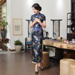 Robe Chinoise  Motifs Végétaux Bleu Marine / S