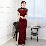 Robe Chinoise Dentelle Noire Tissu Coton Lin Rouge Ou Bleue