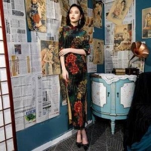 Robe Chinoise Plissée vert