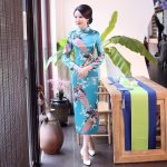 Robe Chinoise Longue Femme Bleu Clair Col Mandarin