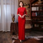 Robe Chinoise Rouge Fendue Motif Fleur