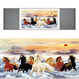 Tableau Chinois  Cheval 100cmx30cm / Fond vert