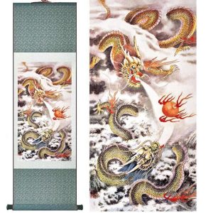 Tableau Chinois  Combat de Dragons 100cmx30cm / Fond Vert