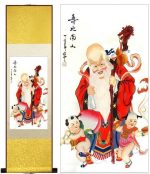 Tableau Chinois  Dieu de la Longévité 100cmx30cm / Fond Jaune