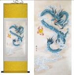 Tableau Chinois  Dragon Bleu 100cmx30cm / Fond Jaune