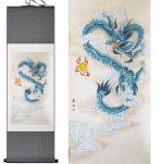 Tableau Chinois  Dragon Bleu 100cmx30cm / Fond Vert