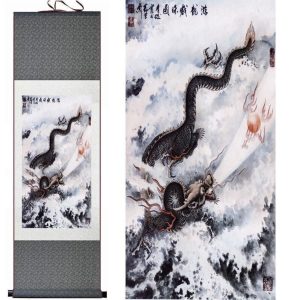 Tableau Chinois  Dragon Noir 140cmx45cm / Fond Vert