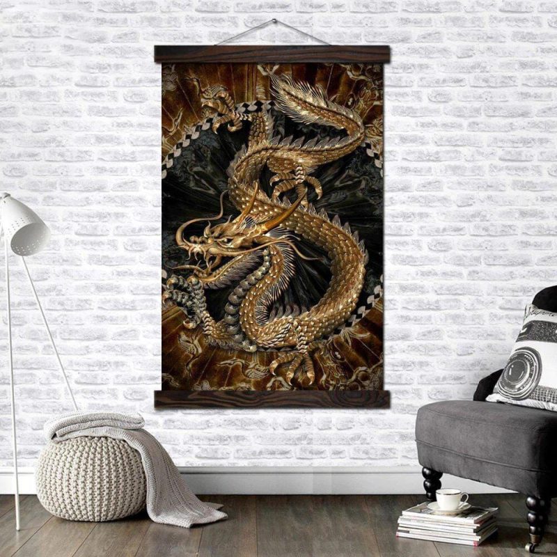 Tableau Chinois  Dragon Or 70x105cm Cadre traditonnel