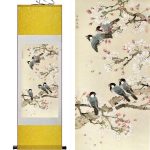 Tableau Chinois  Fleurs Oiseaux 100cmx30cm / Fond Jaune