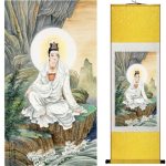 Tableau Chinois  Guanyin 140cmx45cm / Fond Jaune