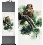 Tableau Chinois  Hibou 140cmx45cm / Fond Vert