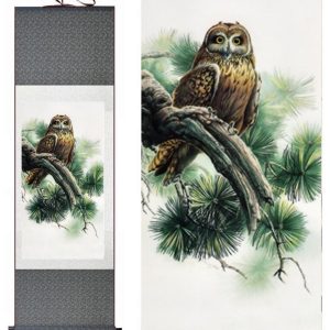 Tableau Chinois  Hibou 140cmx45cm / Fond Vert