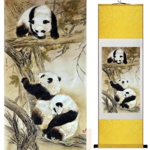 Tableau Chinois  Panda 100cmx30cm / Fond Jaune