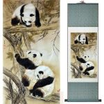 Tableau Chinois  Panda 100cmx30cm / Fond Vert