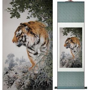 Tableau Chinois  Sagesse du Tigre 140cmx45cm / Fond Vert