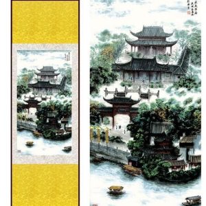 Tableau Chinois  Temple 100cmx30cm / Fond Jaune