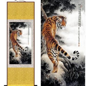 Tableau Chinois  Tigre 100cmx30cm / Fond Jaune