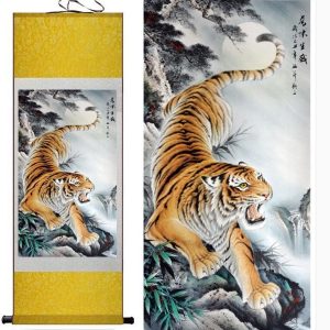 Tableau Chinois  Tigre Féroce 100cmx30cm / Fond Jaune