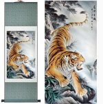 Tableau Chinois  Tigre Féroce 100cmx30cm / Fond Vert