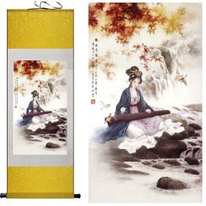 Tableau Chinois Femme 100cmx30cm / Fond Jaune