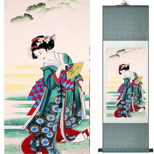 Tableau Femme Chinoise 100cmx30cm / Fond Vert