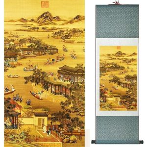 Tableau Village Chinois 140cmx45cm / Fond Vert